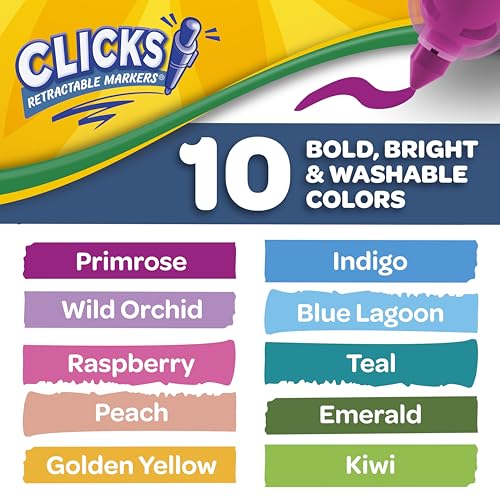 Crayola Clicks Retractable Markers (10ct), Washable Markers for Kids, Click Markers, School Supplies for Kids, Gifts, Ages 5+ Crayola
