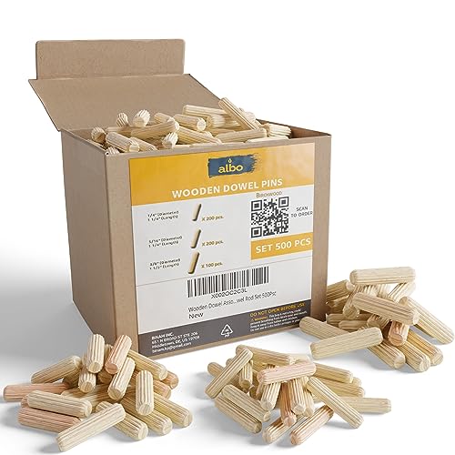 ALBO Wooden Dowel Pins 500 Pack Assorted Sizes 1/4 + 5/16 + 3/8 inch Fluted Wood Dowels Rods Hardwood Crafts Dowel Pegs… Albo