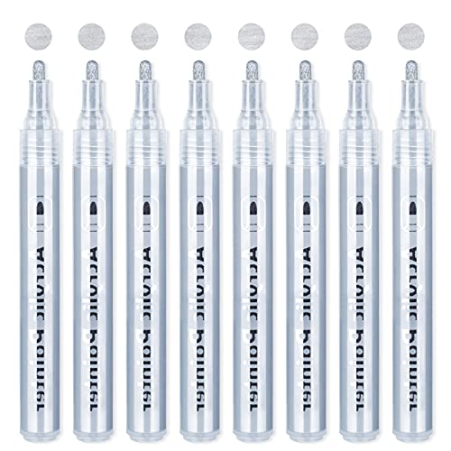 Silver Paint Pen Acrylic Markers: 8 Pack Acrylic Silver metallic Marker Pens for Art Project, Drawing, Rock Painting, Stone, Ceramic, Wood, Cards AKARUED