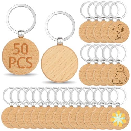 Oungy 50PCS Wooden Keychain Blanks Unfinished Round Wood Keychain Blanks Wooden Key Chain Bulk for Engraving Personalized DIY Gift Crafts Oungy