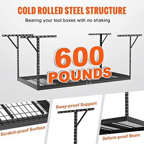 VEVOR Overhead Garage Storage Rack, 4x8 Garage Ceiling Storage Racks, Heavy Duty Adjustable Cold Rolled Steel Racks for Garage Storage, Organization, VEVOR