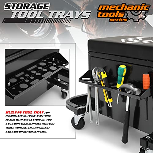 M-AUTO Rolling Mechanic Stool Garage Toolbox Stool Tool Chest Seat w/Wheels, 350LBS Capacity Padded Mechanic Stool Creeper Seat w/Drawers & Side Tool M-AUTO