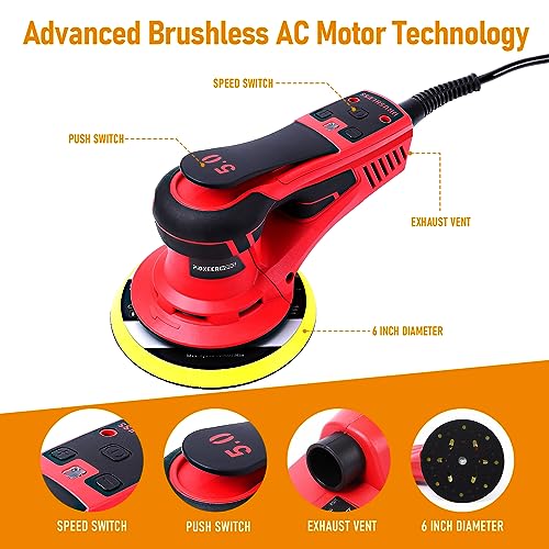 PioneerWorks Electric Random Orbital Sander, Brushless Motor Powerful 350W,10000 RPM,6-Inch For Professional-Grade Woodworking, Polishing,Carpentry PIONEERWORKS