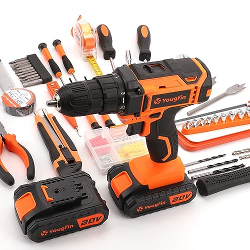 YOUGFIN 118 Pcs Power Tool Combo Kit with 20V Cordless Drill (3/8"), 2 Pack 1.5Ah Battery & Charger - Professional DIY Hand Tool Kit for Home, Garden Yougfin