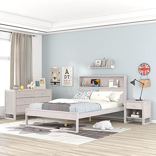 3-Piece Antique White Bedroom Set with Full Size Platform Bed, Nightstand, and Dresser TURRIDU