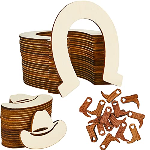 72 Pieces Unfinished Cowboy Wooden Cutouts Horseshoe Shape Wood Discs Slices Wood Cowboy Boot Hat Cutouts Wood Cowboy Theme Crafts for Western Cowboy Chinco