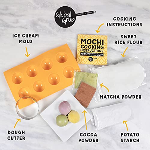 Global Grub DIY Mochi Ice Cream Kit - Mochi Kit Includes Sweet Rice Flour, Potato Starch, Matcha Powder, Cocoa Powder, Ice Cream Mochi Maker, Dough Global Grub
