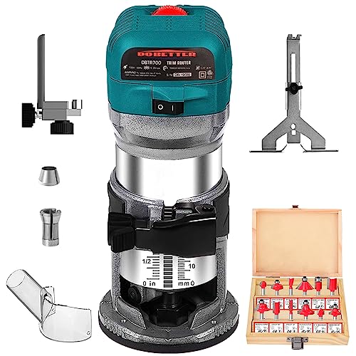 Dobetter 6.5-Amp Wood Router Tool, 1.25 HP Compact Trim Router with 6 Variable Speed, 12 Wood Router Bits, 1/4" & 3/8" Collets and Dust Hood -DBTR700 Dobetter