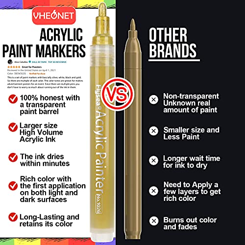 VHEONET Acrylic Paint Pens, 12 Pack (3 Black 3 White 3 Gold 3 Silver) 3mm Permanent Painting Markers DIY Craft for Rock Ceramic Glass Wood Plastic VHEONET