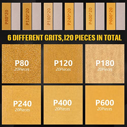 BBTO Micro Sander Kit 3.5x1 Inch Mini for Small Projects, Detail Handle Sanding Tools, 120 Sheets Sandpaper Wood P80, P120, P180, P240, P400, P600 BBTO