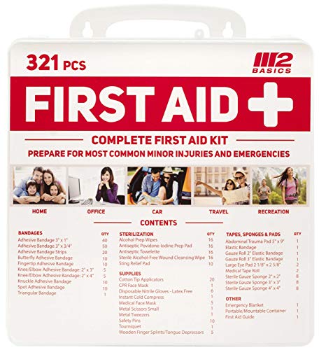 M2 BASICS Complete 321 Piece Emergency First Aid Kit | Business & Home Medical Supplies | Wall Mountable Hard Case | Office, Car, Travel, School, M2 BASICS