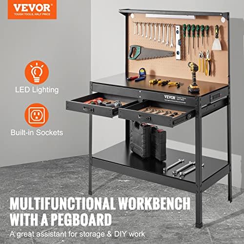 VEVOR Workbench A3 Steel Work Bench for Garage max. 1500W Heavy Duty Workbench 220lbs Weight Capacity 0.47" Bench top Thickness Hardwood Workbench VEVOR