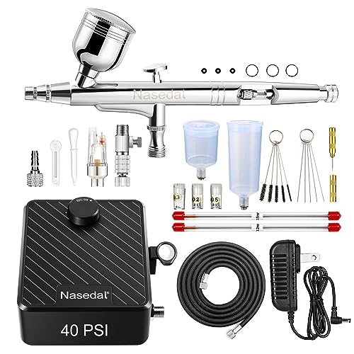 Nasedal Upgraded Dual-Action Airbrush kit with 40PSI Air Compressor Air Brush Model Paint for Car Nail Makeup Cake Decoration Art Drawing Craft nasedal