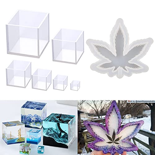 ResinWorld Ashtray Mold, Leaf Ashtray Mold for Epoxy Resin + Set of 4", 3", 2", 1.5", 1", 0.5" Clear Silicone Cube Molds, Large Deep Square Epoxy ResinWorld
