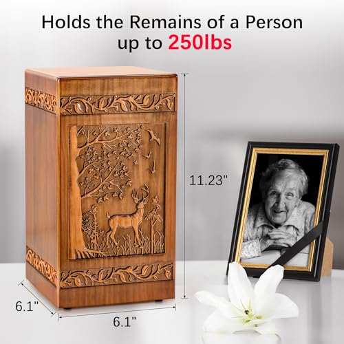 Handmade Wooden Urn for Human Ashes, Urns for Adults Male Female, 250lbs Engraved Burial Cremation Urns for Ashes Men Women(Deer) Aioguisn