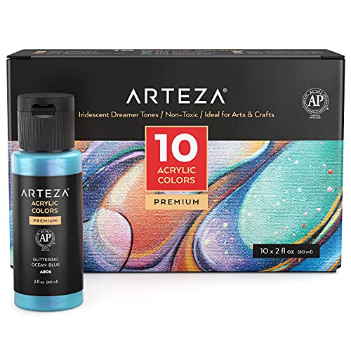 ARTEZA Iridescent Acrylic Paint, Set of 10 Dreamer Colors, 2 oz/60ml Bottles, High Viscosity Shimmer, Water-Based, Blendable Paints, Art Supplies for ARTEZA