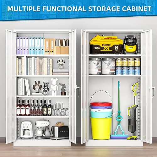 Superday Metal Storage Cabinets, 71" Steel Storage Cabinet with Lock, Tall White Cabinet with 2 Doors and 4 Adjustable Shelves for Garage, Home Superday
