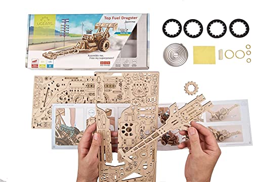 UGEARS Dragster Car Model Kit - Top Fuel Dragster Model Kits 3D Puzzle with Powerful Spring Motor - Drag Racing Model Car Kits 3D Puzzles for UGEARS
