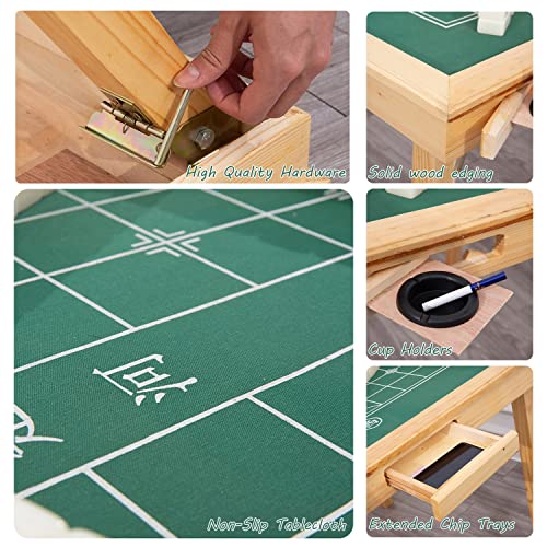 GSANEI Mahjong Folding Table with Drawers,Wood Square 4 Player Domino Card Game Table with Green Felt and Cup Holders for Table, Board Game, Camping GSANEI