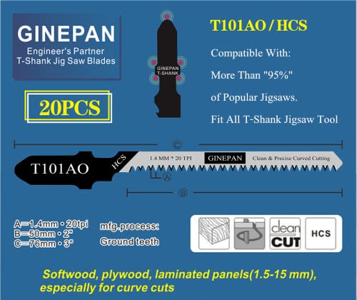 Jigsaw Blades T Shank 20PCS T101AO with Case, Compatible with Dewalt Bosch Black and Decker Jig Saw Blades Set for Wood, 3 in. 20 TPI Curved & GINEPAN