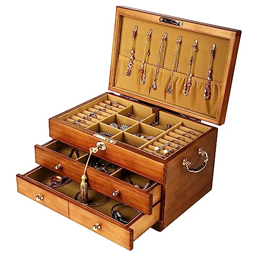 EURIELK Wooden Jewelry Box with Lock and Key for Women, 2 Drawers Medium Size Real Natural Wood Lockable Antique Girls Organizer Boxes with Large EURIELK