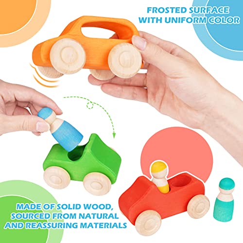 Agirlgle Montessori Wooden Car Toys - 7 Rainbow Wooden Vehicle Set Toy for Toddlers and Babies 3 Wooden Peg Doll, Colorful Pretend Play Wooden Push Agirlgle