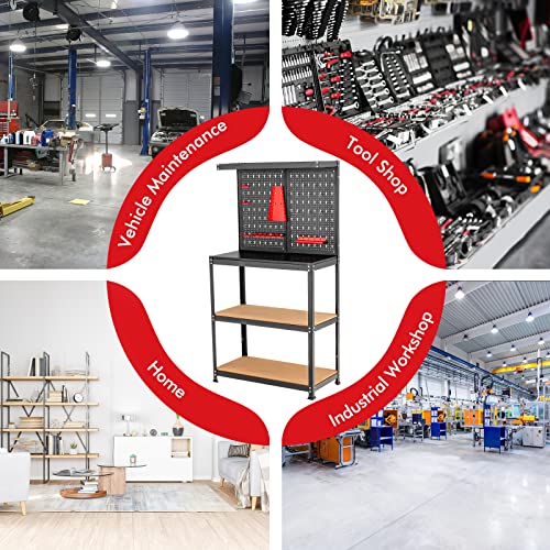 Goplus Work Bench, Work Table with Pegboard, 14 Hanging Accessories, 2 Open Shelves, Heavy Duty Steel Tool Bench, Workbench for Garage Home Workshop Goplus