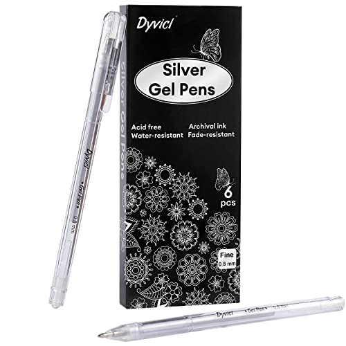 Dyvicl Silver Gel Pens, 0.8 mm Fine Pens Gel Ink Metallic Silver Pens for Black Paper Drawing, Sketching, Illustration, Adult Coloring, Journaling, Dyvicl