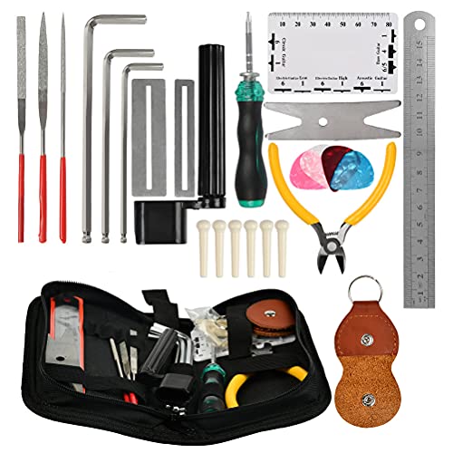 TIMESETL Guitar Repairing Tool Kit with Wire Plier, String Organizer, Fingerboard Protector, Hex Wrenches, Files, String Action Ruler, Spanner TIMESETL