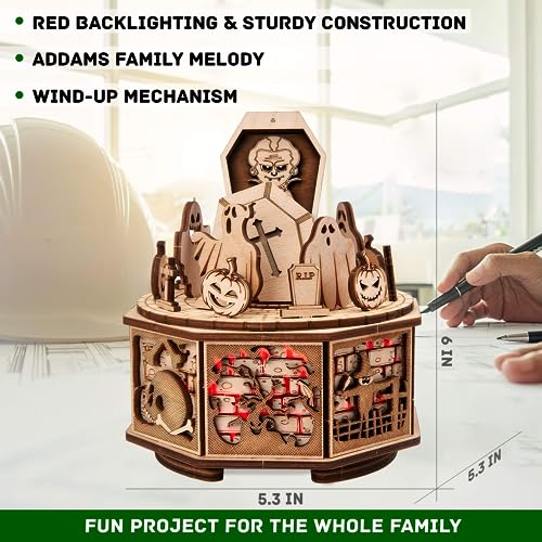 Wood Trick Halloween Wooden Music Box Kit - Addams Melody - w/Red Lighting - 3D Wooden Puzzle for Adults and Kids to Build - Engineering DIY Project Wood Trick