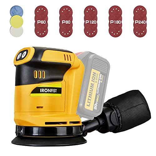 IRONFIST Random Orbit Sander for DEWALT Lithium Battery, 5inch Electric Palm Sander/Polisher 3 Speed Setting with Dust Bag with Sandpaper & Polishing IRONFIST