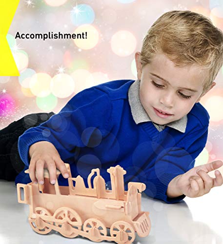 Puzzled 3D Puzzle Rolling Locomotive Train Wood Craft Construction Model Kit, Fun & Educational DIY Wooden Toy Assemble Unfinished Crafting Hobby Puzzled
