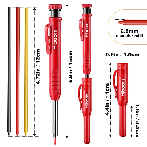 Hiboom 4 Pack Carpenter Pencils Set with 24 Refills, 2.8 mm Mechanical Carpenter Pencil Built in Sharpener Woodworking Marking Tool Solid Long Nosed Hiboom