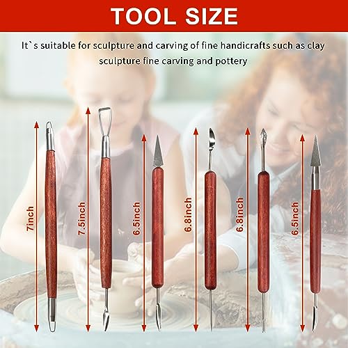 Clay Sculpting Tools, 6 PCS Double-Ended Stainless Steel Polymer Clay Tools, Wooden Handle Pottery Tools for Embossing, Carving Tools and Supplies HANWER