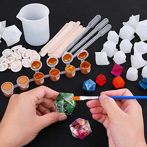 Resin Dice Molds, Shynek 19 Styles Polyhedral Game Dice Molds Set with Silicone Dice Mold, Mixing Sticks, Measuring Cup, Droppers, Acrylic Paints Set shynek