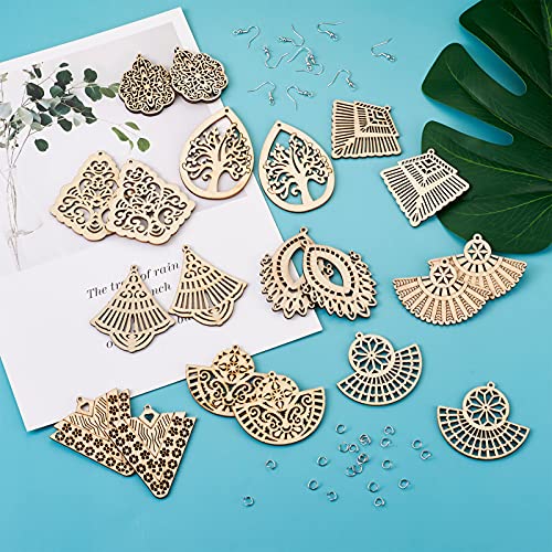 60Pcs Unfinished Wooden Burlywood Dangle Earrings Kit 10 Styles Natural Wood Big Charms with Jump Rings and Earring Hooks for Jewelry Craft Making PH PandaHall