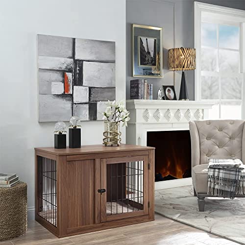 unipaws Furniture Style Dog Crate End Table with Cushion, Wooden Wire Pet Kennels with Double Doors, Medium Dog House Indoor Use (Walnut, Medium) unipaws