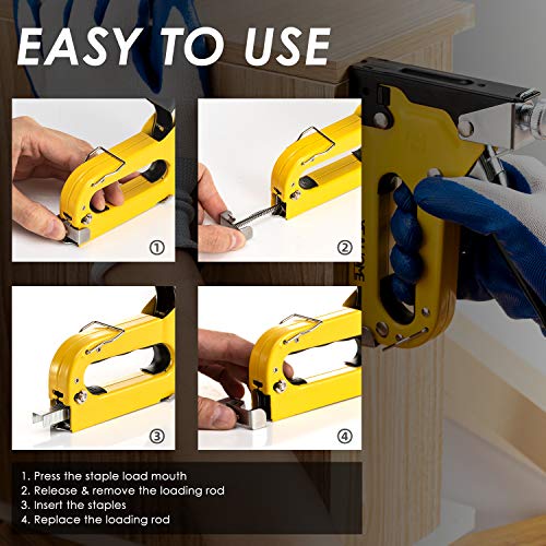 Upholstery 4 in 1 Staple Gun Heavy Duty, with 6000 Staples, Remover, Gloves, Manual Brad Nailer Power Adjustment Stapler Gun for Wood, Upholstery, YEAHOME
