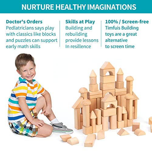 Timfuis Wooden Building Blocks Set, 80 PCS Natural Wood Stacking Block Toy with Carrying Bag, Montessori Learning Birthday Gifts for 3 4 5 Year Olds Timfuis