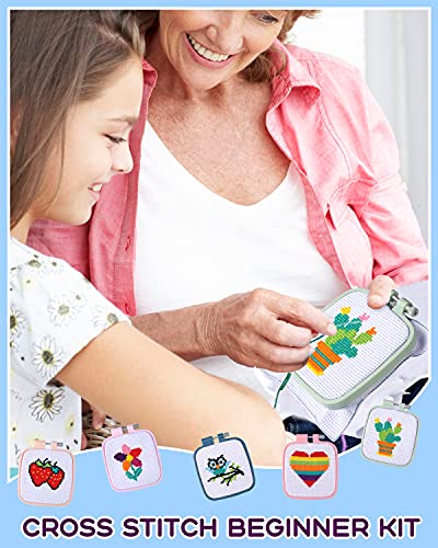 Pllieay 5PCS Cross Stitch Kits for Beginners for Kids 7-13, Includes 5 Project Patterned and 5pcs Square Embroidery Hoops, 11 Skeins, Needle Point Pllieay