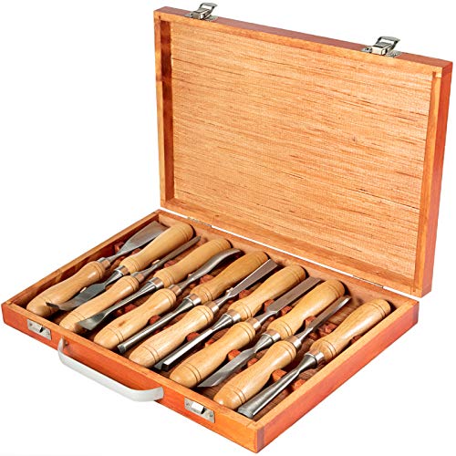 Mophorn Wood Chisel Sets 12pcs,Wood Carving Hand Chisel 3-3/4Inch Blade Length,Woodworking Chisels with Red Eucalyptus Handle,Wood Tool Box,for Wood Mophorn