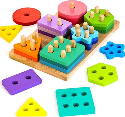 HELLOWOOD Wooden Sorting & Stacking Toys, Montessori Toys for 1 2 3 Years Old Toddlers, Shape Sorter Puzzles with 24-Piece Large Geometric Blocks & HELLOWOOD