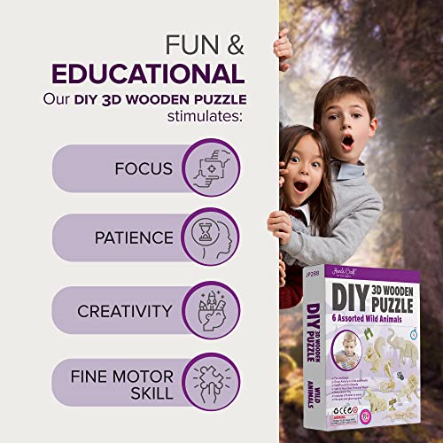 Hands Craft DIY 3D Wooden Puzzle – 6 Assorted Wild Animals Bundle Pack Set Brain Teaser Puzzles Educational STEM Toy Adults and Kids to Build Safe Hands Craft