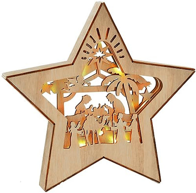 Ovootok Christmas Nativity Scene Ornament, 3D Wooden Star LED Christmas Decorations for Indoor, Rustic Nativity Set Christmas Decor, Religious