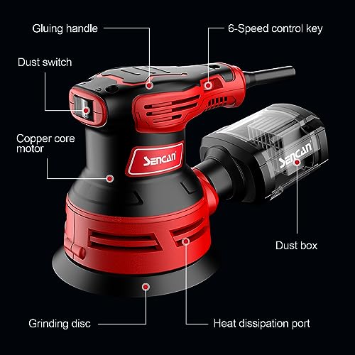 SENCAN 280W Random Orbit Sander, 6 Variable Speed 5-Inch,4000-12000 RPM Electric Palm Sander with Transparent Dust Box,Efficiency Dust Collection SENCAN
