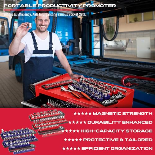 Magnetic Socket Holder Organizer Set: 6-Piece Detachable 1/2 3/8 1/4 Drive Sockets Storage Tray Magnetic Socket Organizer Tool Box Drawer Tool Box SEDY