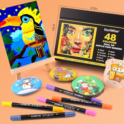 EscriWise 48 Colors Dual Tip Acrylic Paint Pens Set-Permanent Acrylic Paint Markers with Brush and Fine Tip, Water Based Art Paint Pens for Rock EscriWise