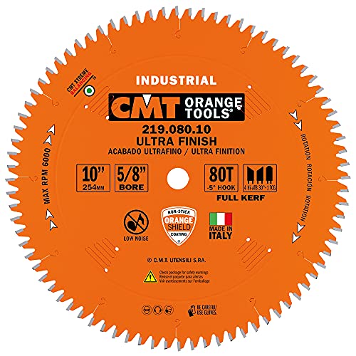 CMT 219.080.10 Industrial Sliding Compound Miter & Radial Saw Blade, 10-Inch x 80 Teeth 4/30° ATB+1TCG Grind with 5/8-Inch Bore, PTFE Coating CMT