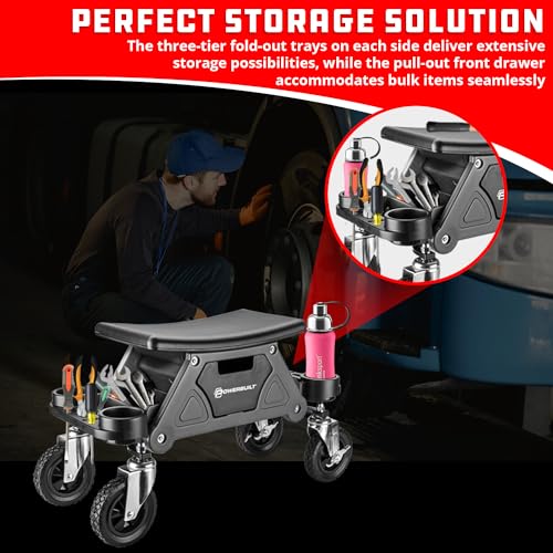 Powerbuilt Big Wheel Rolling Seat, Off-Road Series, Locked in Tool Trays, Heavy-Duty Wheels for Gravel and Rocks - Grey 642965ECE Powerbuilt