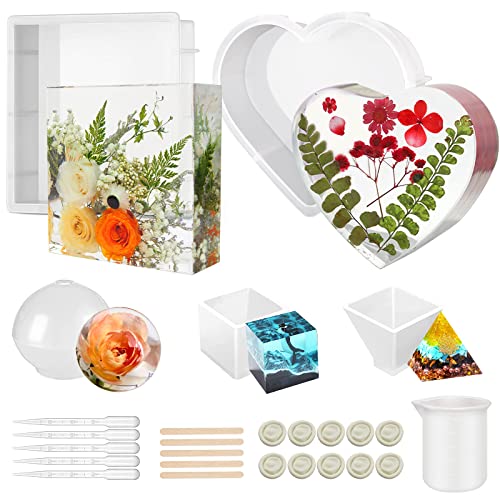 5 PCS Resin Molds Silicone Kit Large Epoxy Resin Mold for Flowers Preservation Home Deco DIY Art, Silicone Molds Including Square, Heart, Sphere, GWSNIO